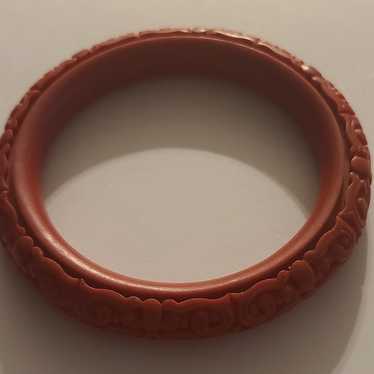 Antique Asian Chinese Red Flower Carved Cinnabar … - image 1