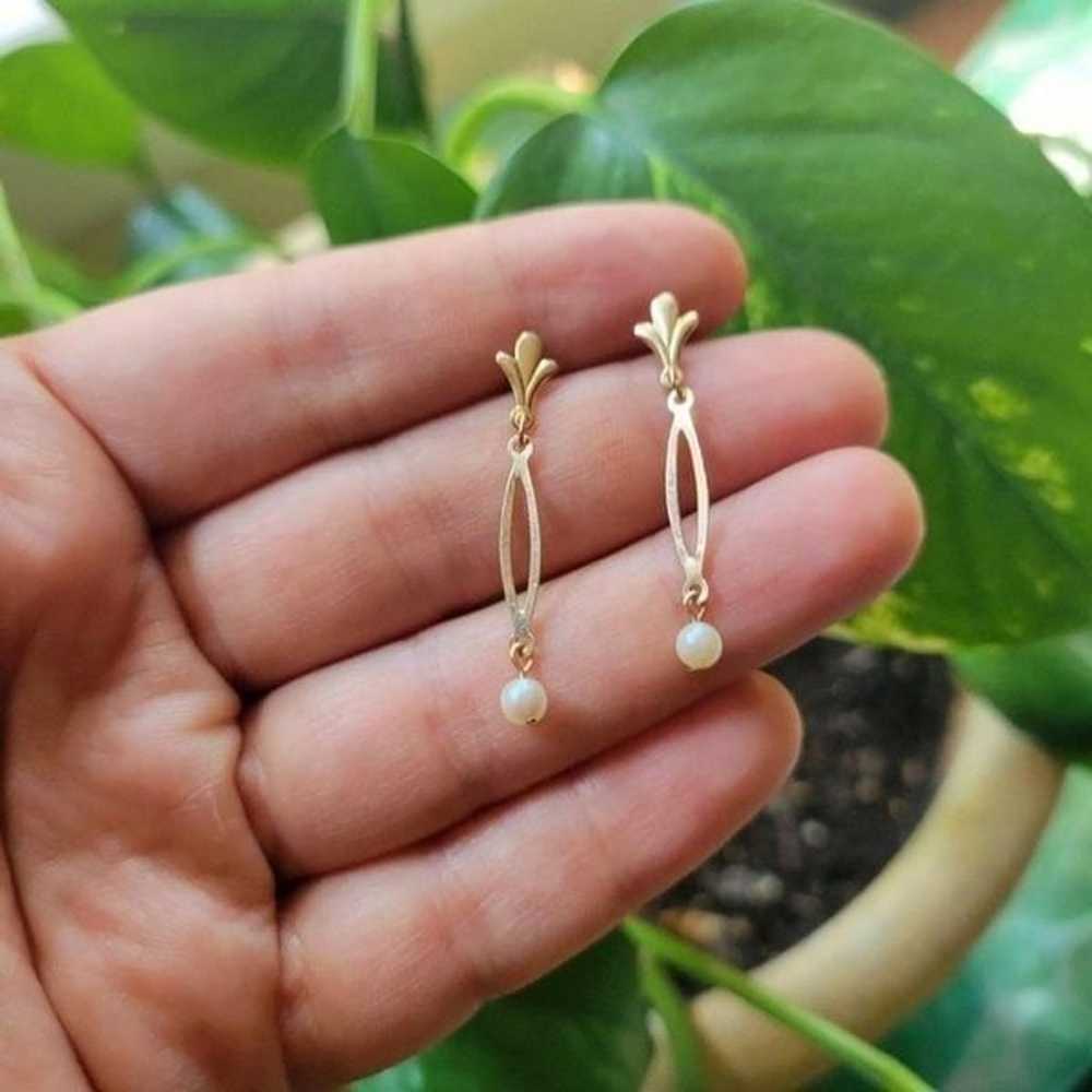 Vintage Dainty Gold Pearl Dainty Drop Earrings - image 4