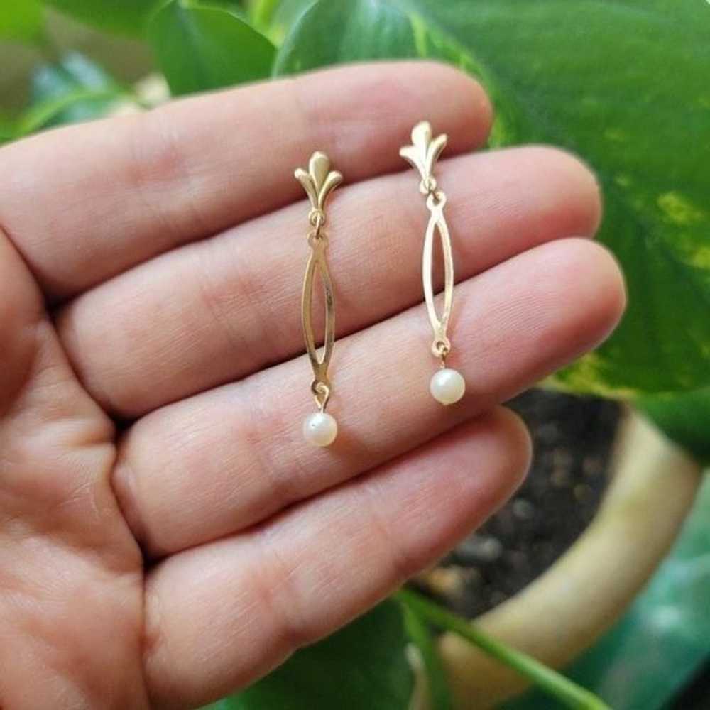 Vintage Dainty Gold Pearl Dainty Drop Earrings - image 7