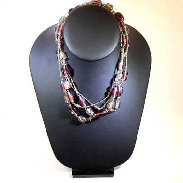 Necklace Silver Tone Beaded Purple Speckled Clear 