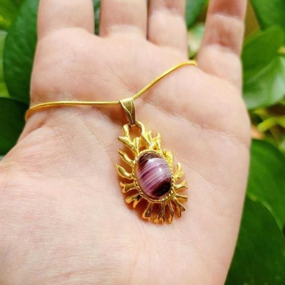 Vintage Purple Glass Gemstone Gold Ornate Necklace - image 1