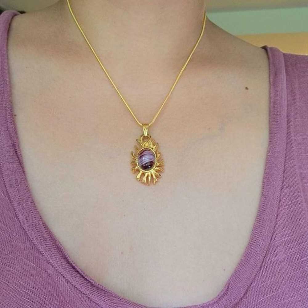 Vintage Purple Glass Gemstone Gold Ornate Necklace - image 2