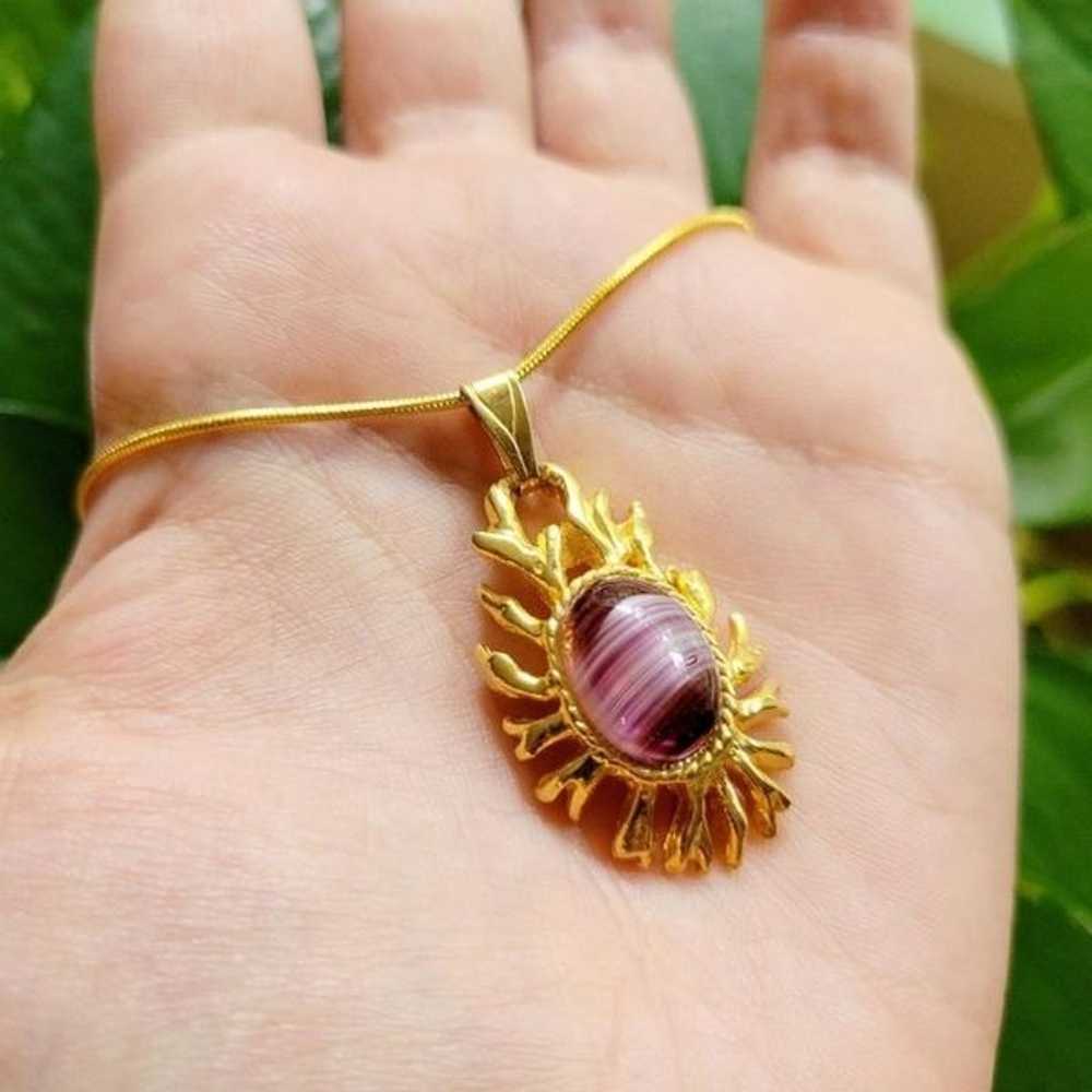 Vintage Purple Glass Gemstone Gold Ornate Necklace - image 3