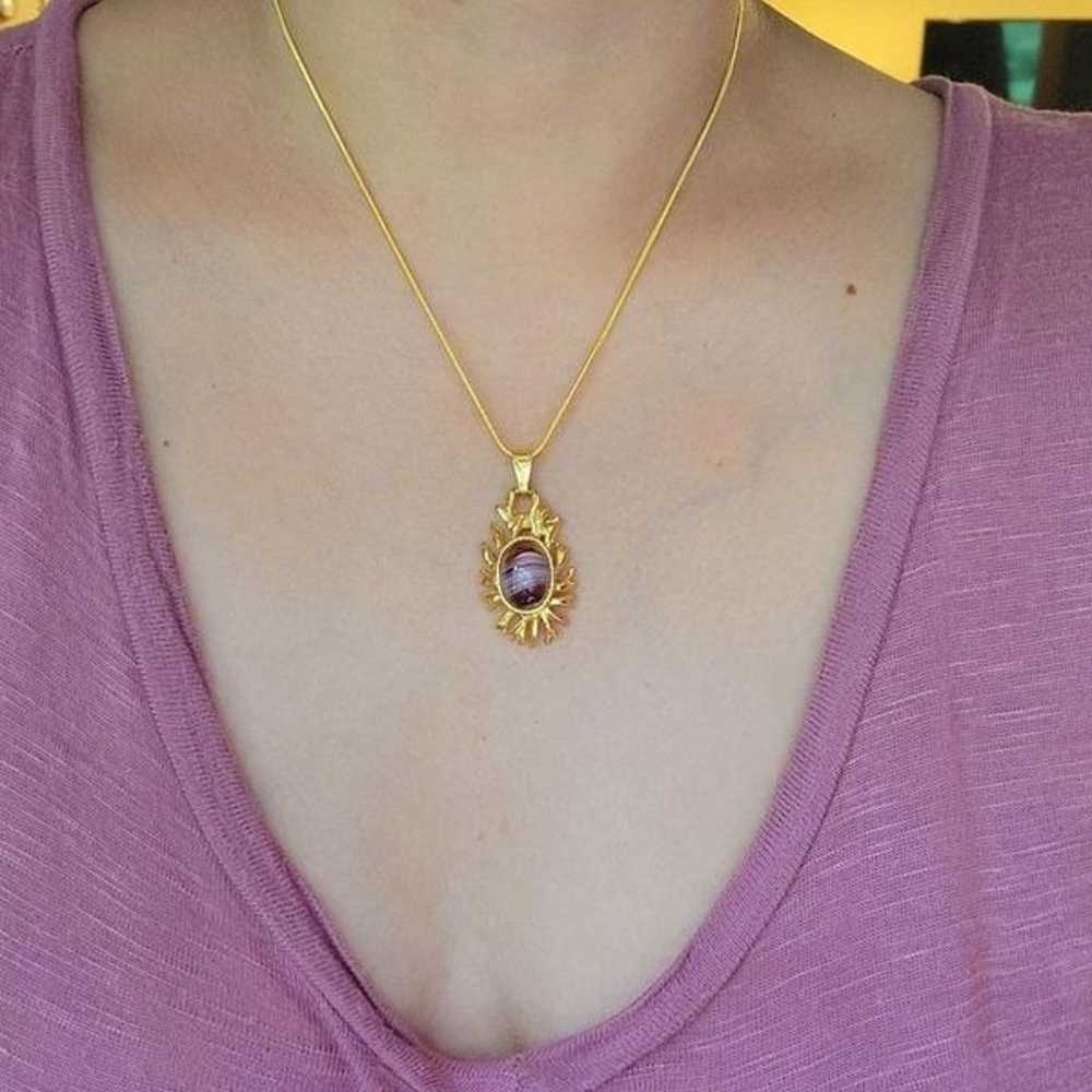 Vintage Purple Glass Gemstone Gold Ornate Necklace - image 4