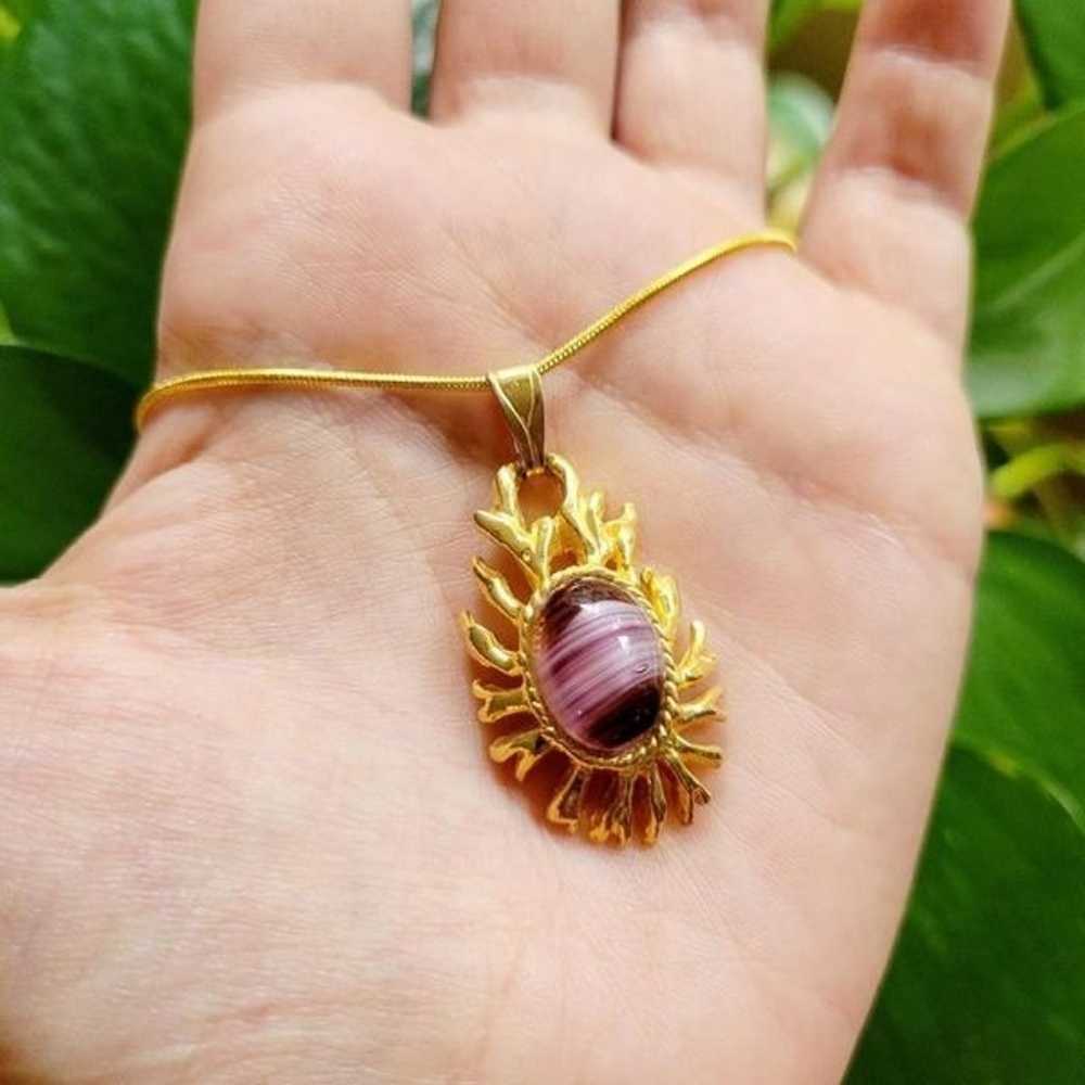 Vintage Purple Glass Gemstone Gold Ornate Necklace - image 5