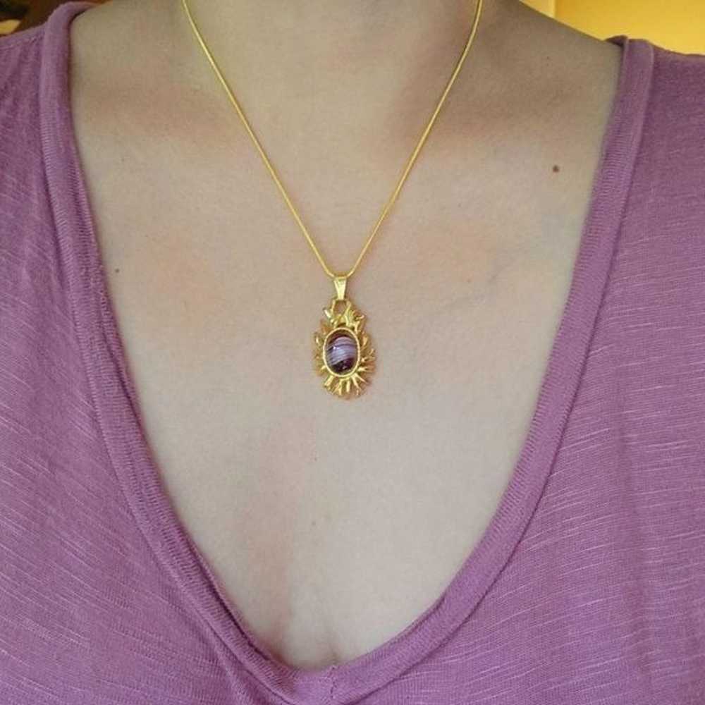 Vintage Purple Glass Gemstone Gold Ornate Necklace - image 6