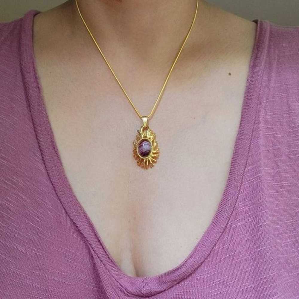 Vintage Purple Glass Gemstone Gold Ornate Necklace - image 7