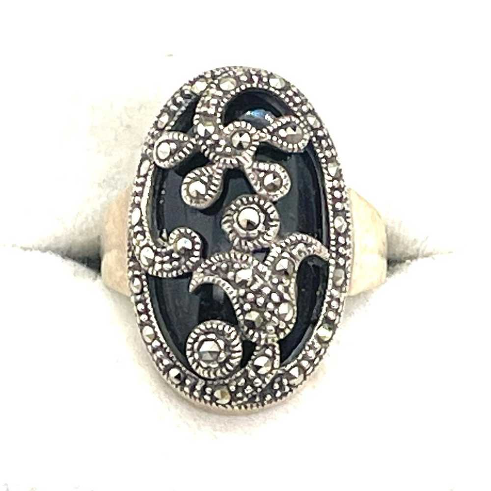 Vintage Sterling Onyx & Marcasite Ring Sz  9 - image 1