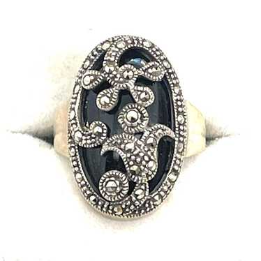 Vintage Sterling Onyx & Marcasite Ring Sz  9 - image 1