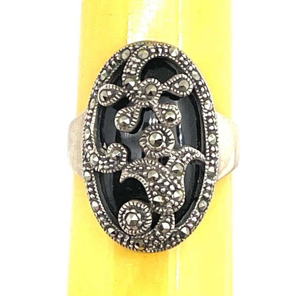 Vintage Sterling Onyx & Marcasite Ring Sz  9 - image 2