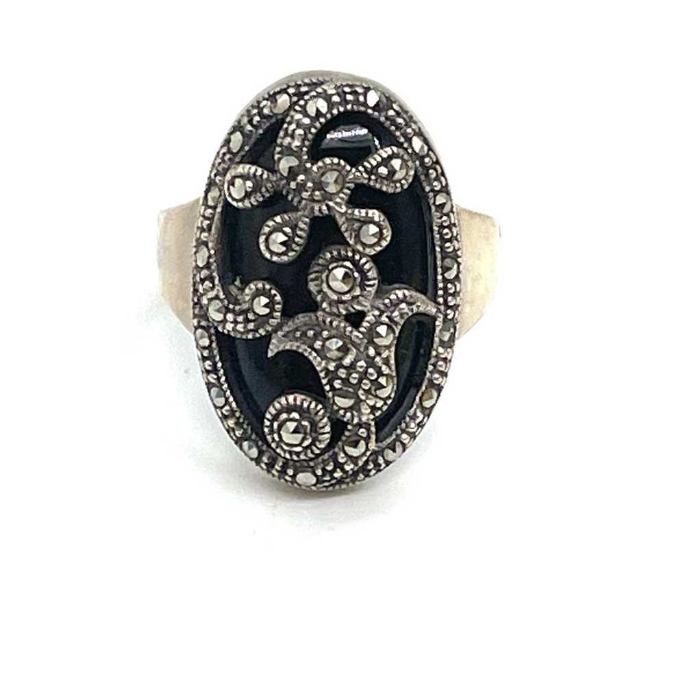 Vintage Sterling Onyx & Marcasite Ring Sz  9 - image 7