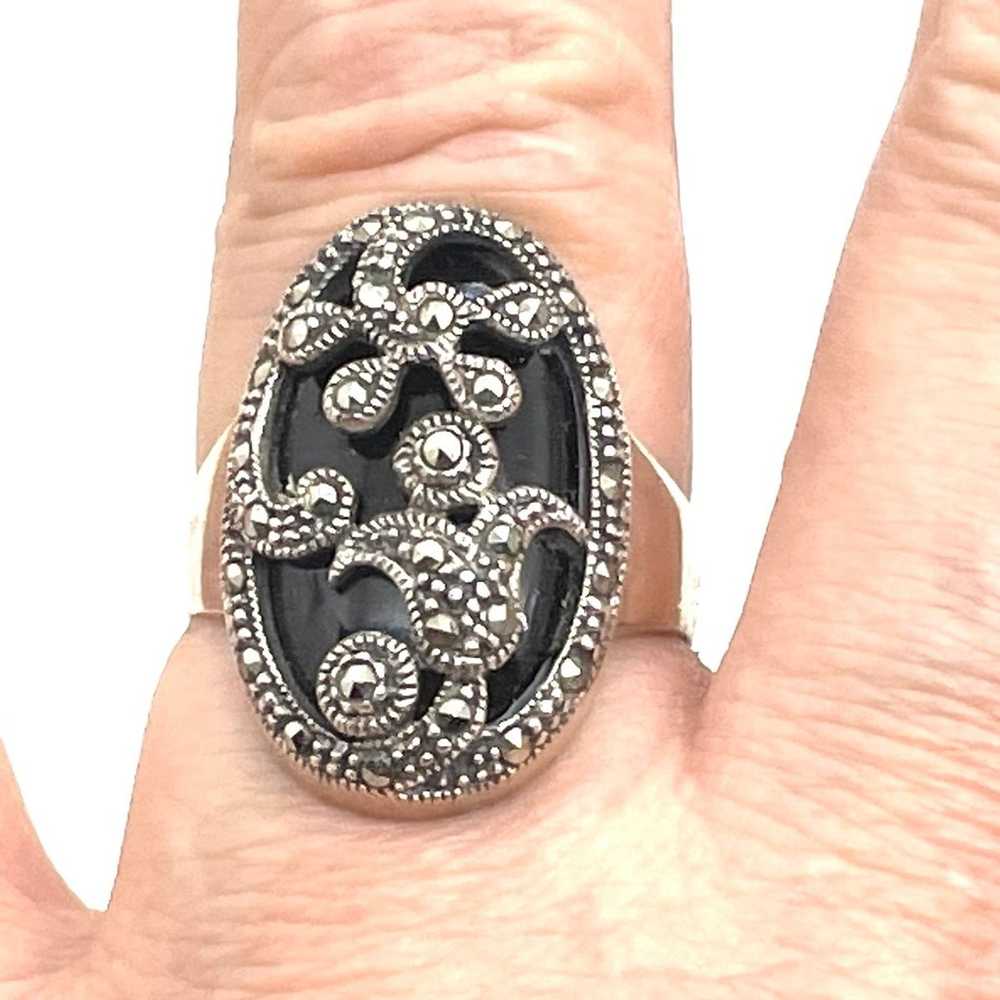 Vintage Sterling Onyx & Marcasite Ring Sz  9 - image 8