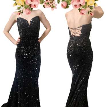 Strapless black sequin formal gown with train