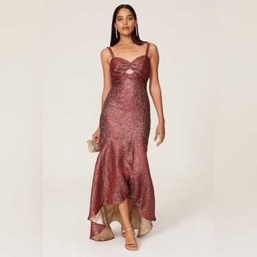 ML Monique Lhuillier Red Metallic High Low Gown S… - image 1