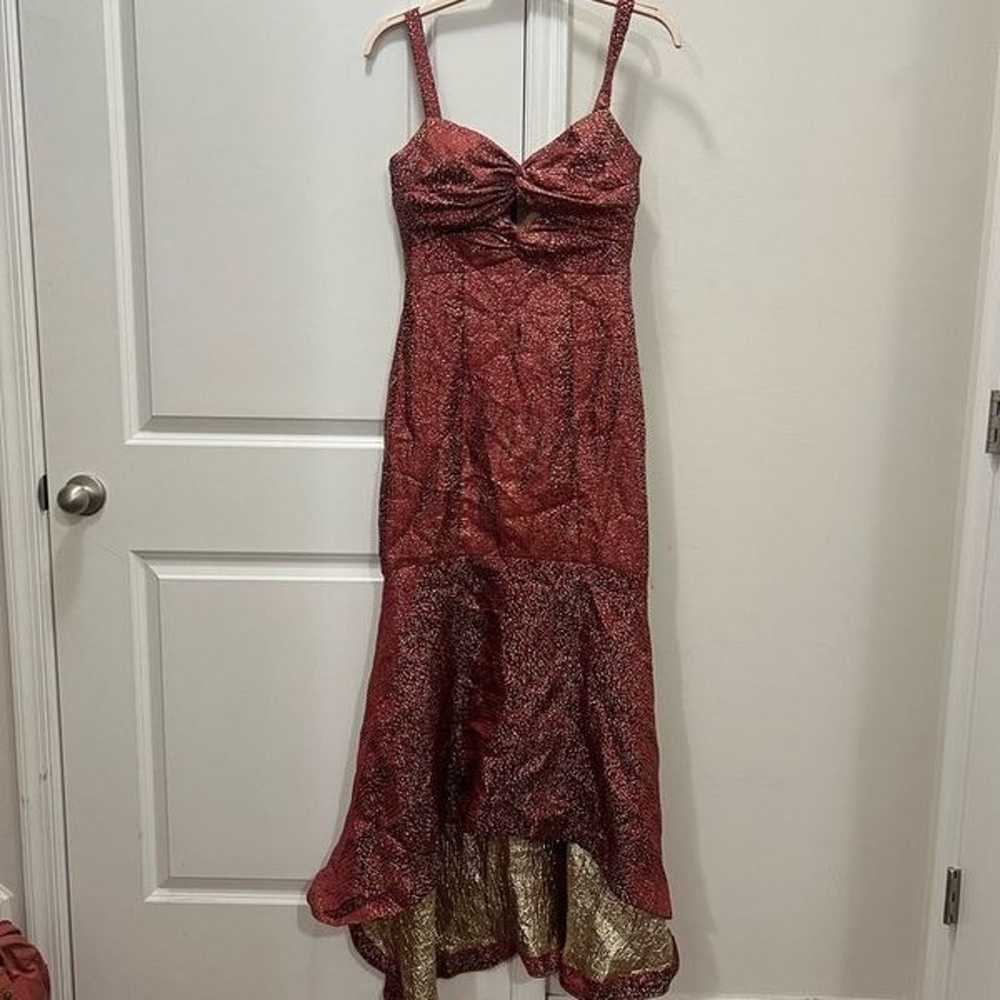 ML Monique Lhuillier Red Metallic High Low Gown S… - image 2