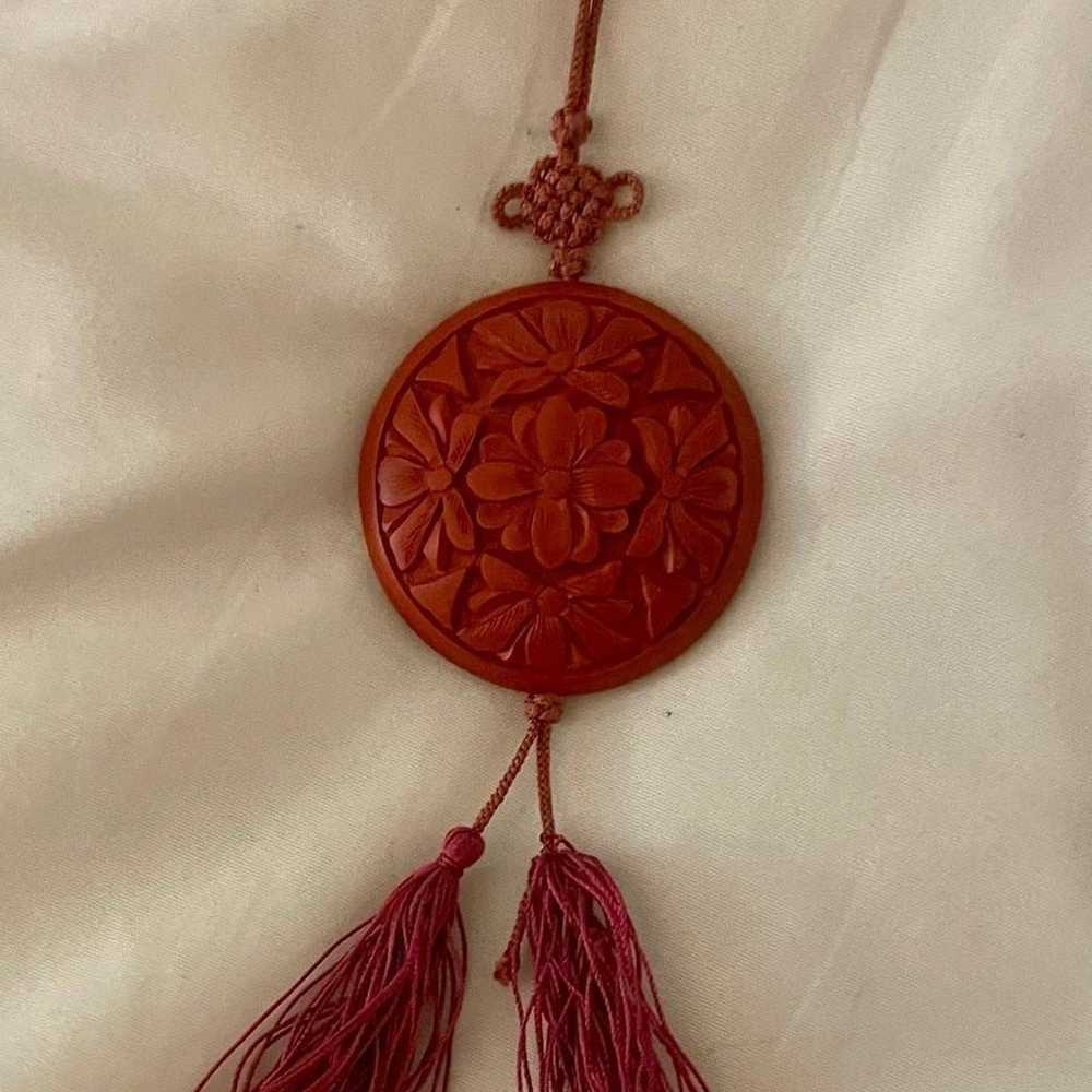 Red vintage Cinnabar carved necklace - image 1