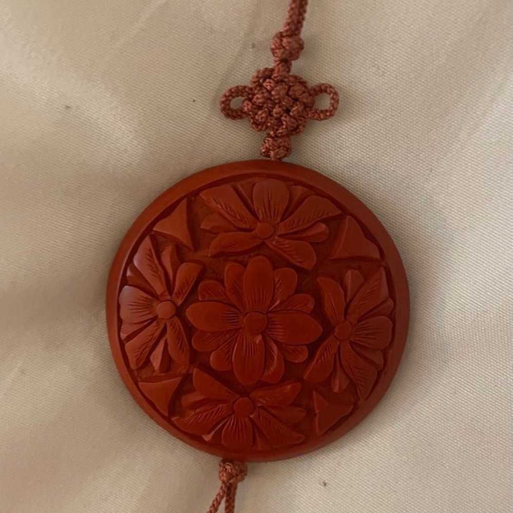 Red vintage Cinnabar carved necklace - image 2