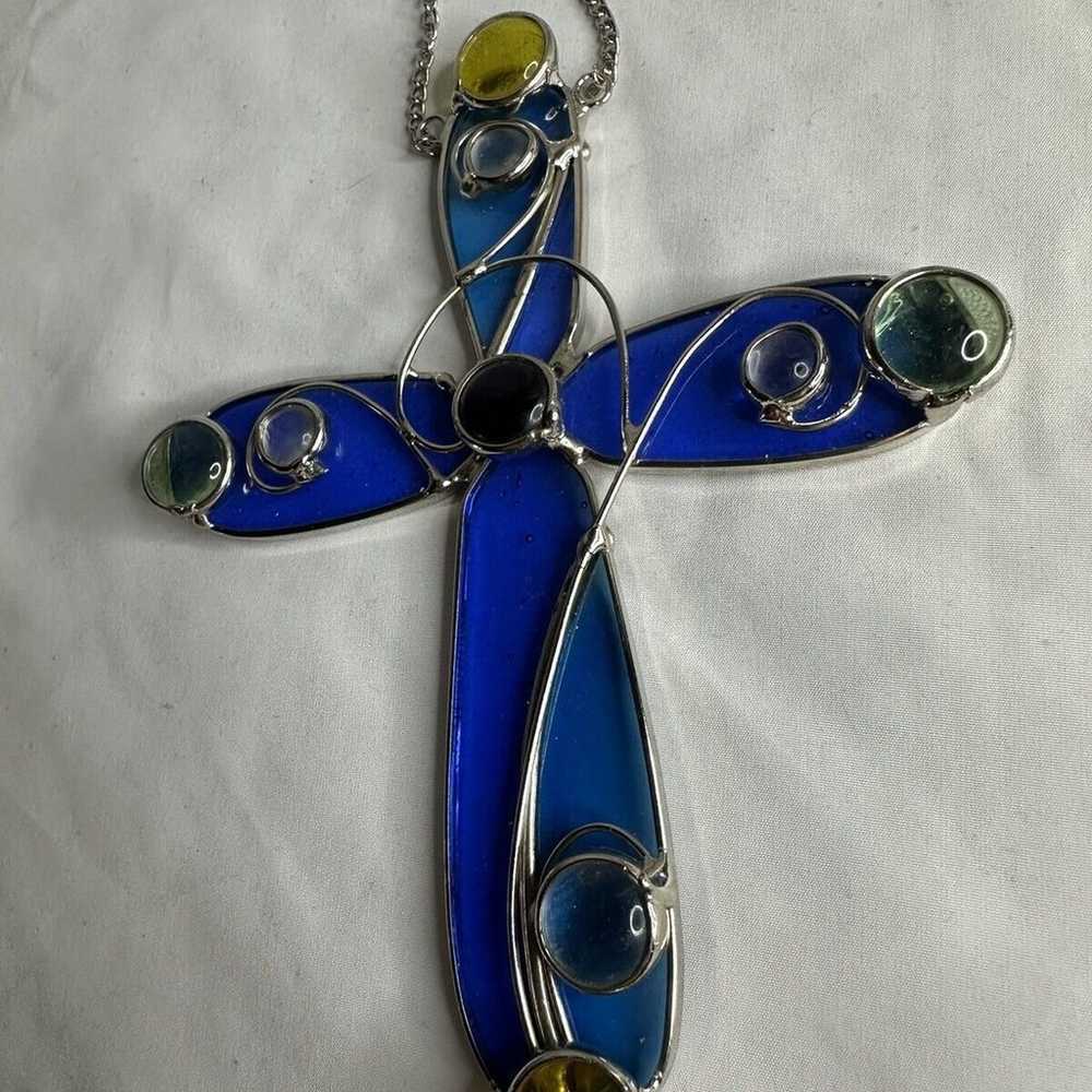 Vintage Stained Glass Cross Suncatcher Blue Glass… - image 10