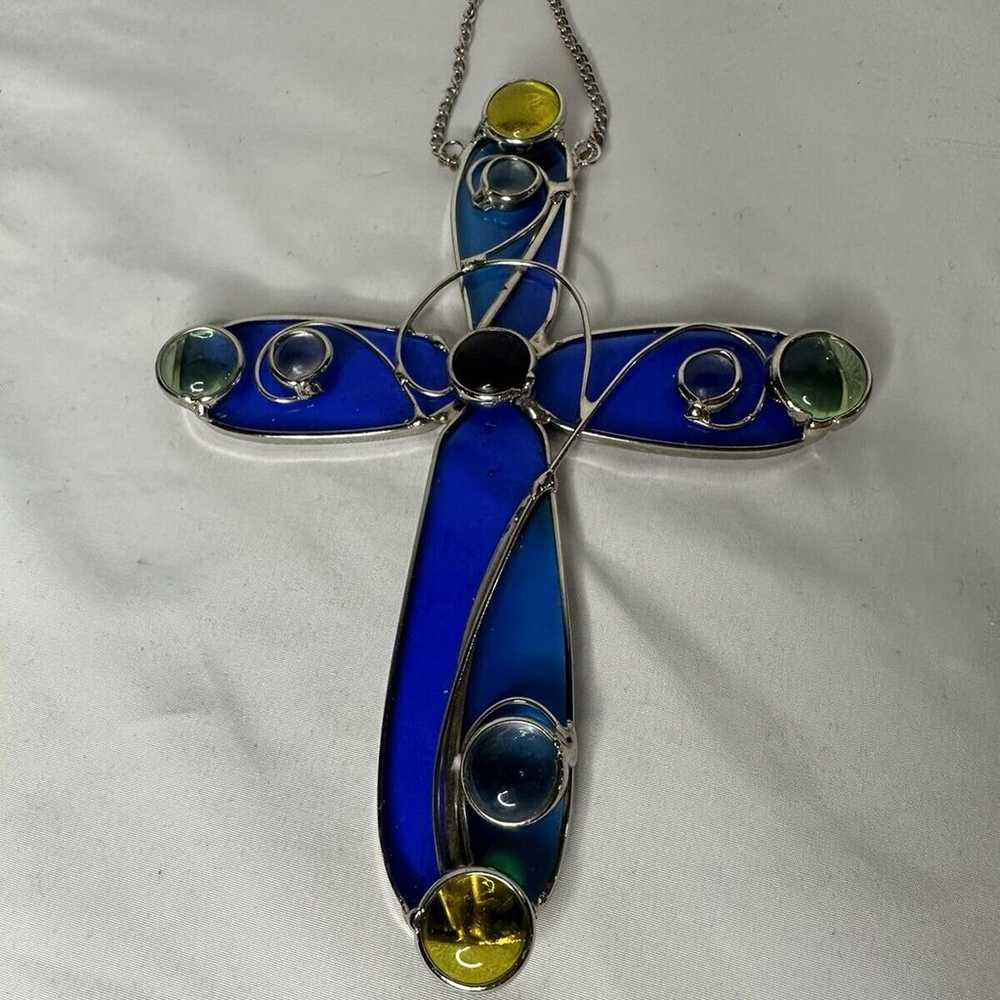 Vintage Stained Glass Cross Suncatcher Blue Glass… - image 11