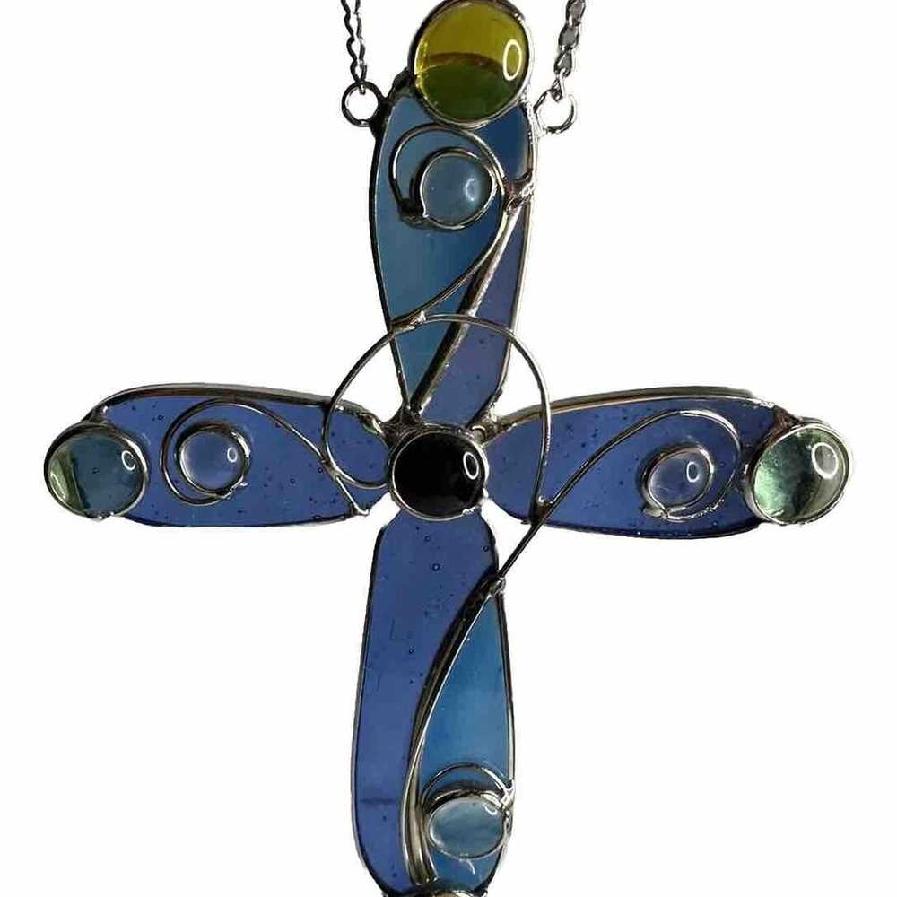 Vintage Stained Glass Cross Suncatcher Blue Glass… - image 1