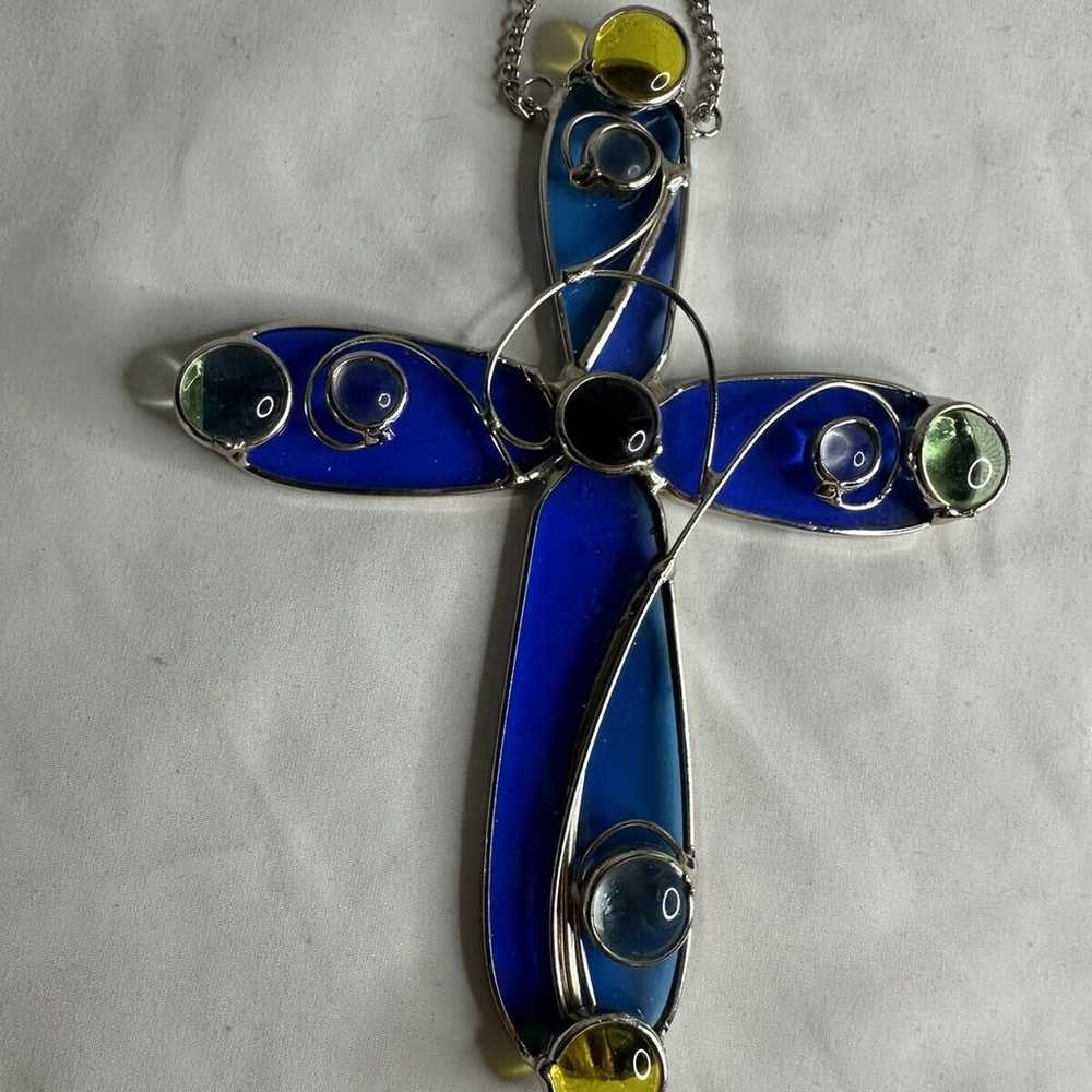 Vintage Stained Glass Cross Suncatcher Blue Glass… - image 3