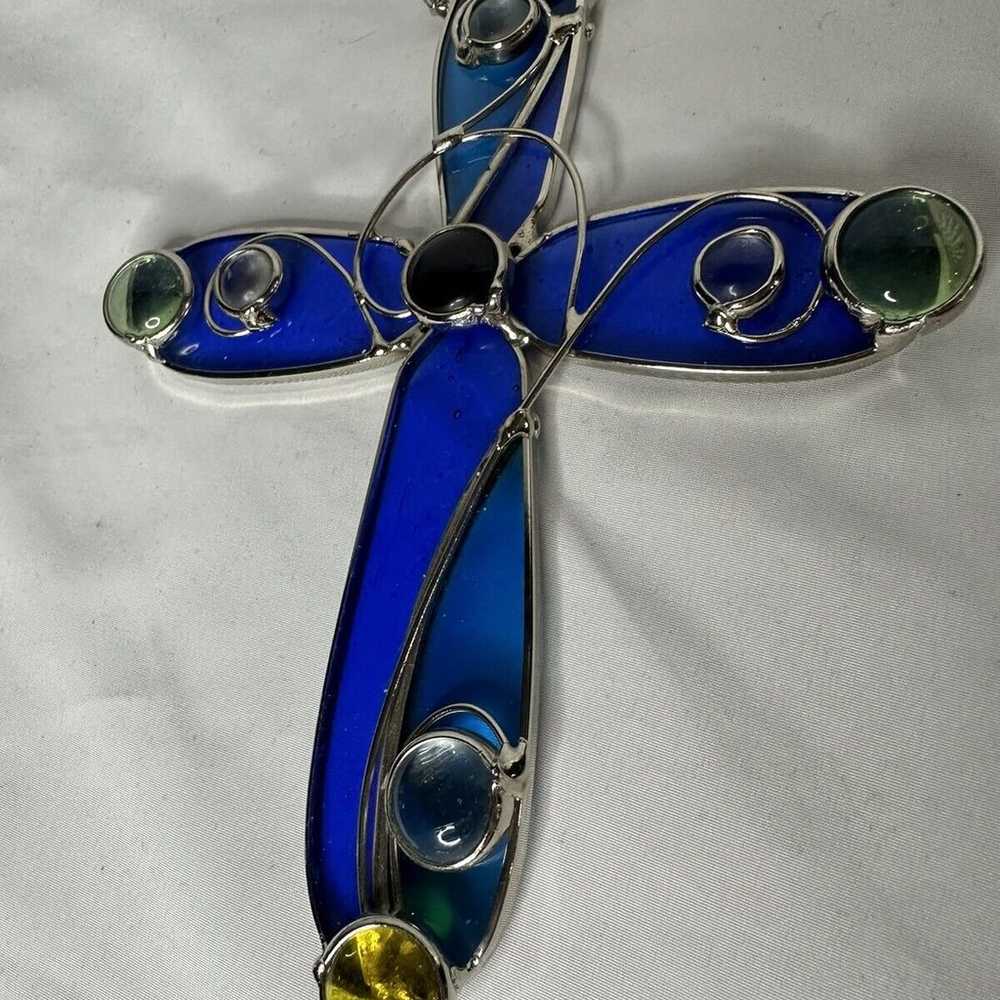 Vintage Stained Glass Cross Suncatcher Blue Glass… - image 4