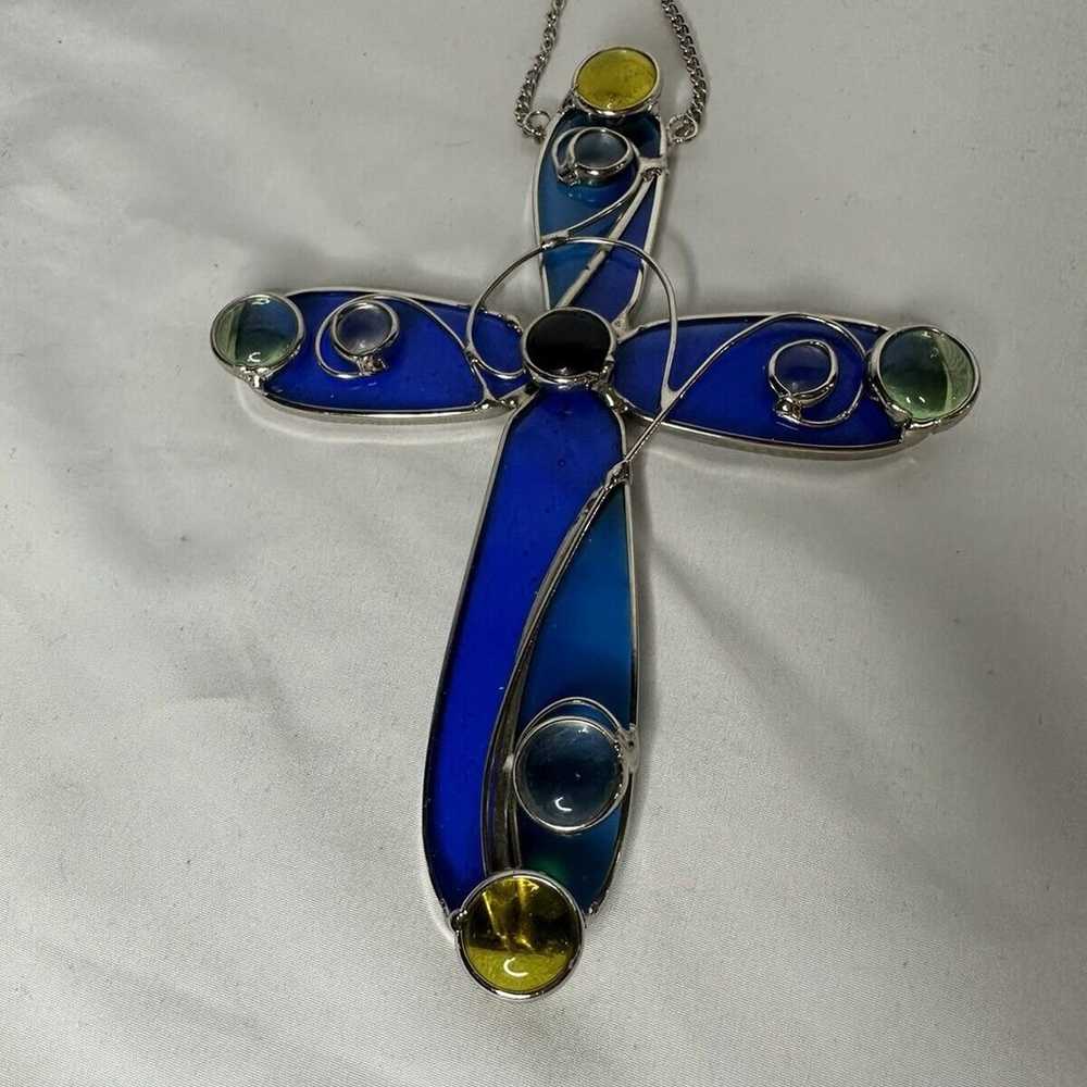 Vintage Stained Glass Cross Suncatcher Blue Glass… - image 5