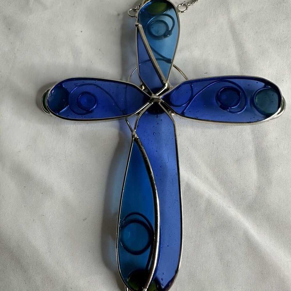 Vintage Stained Glass Cross Suncatcher Blue Glass… - image 6