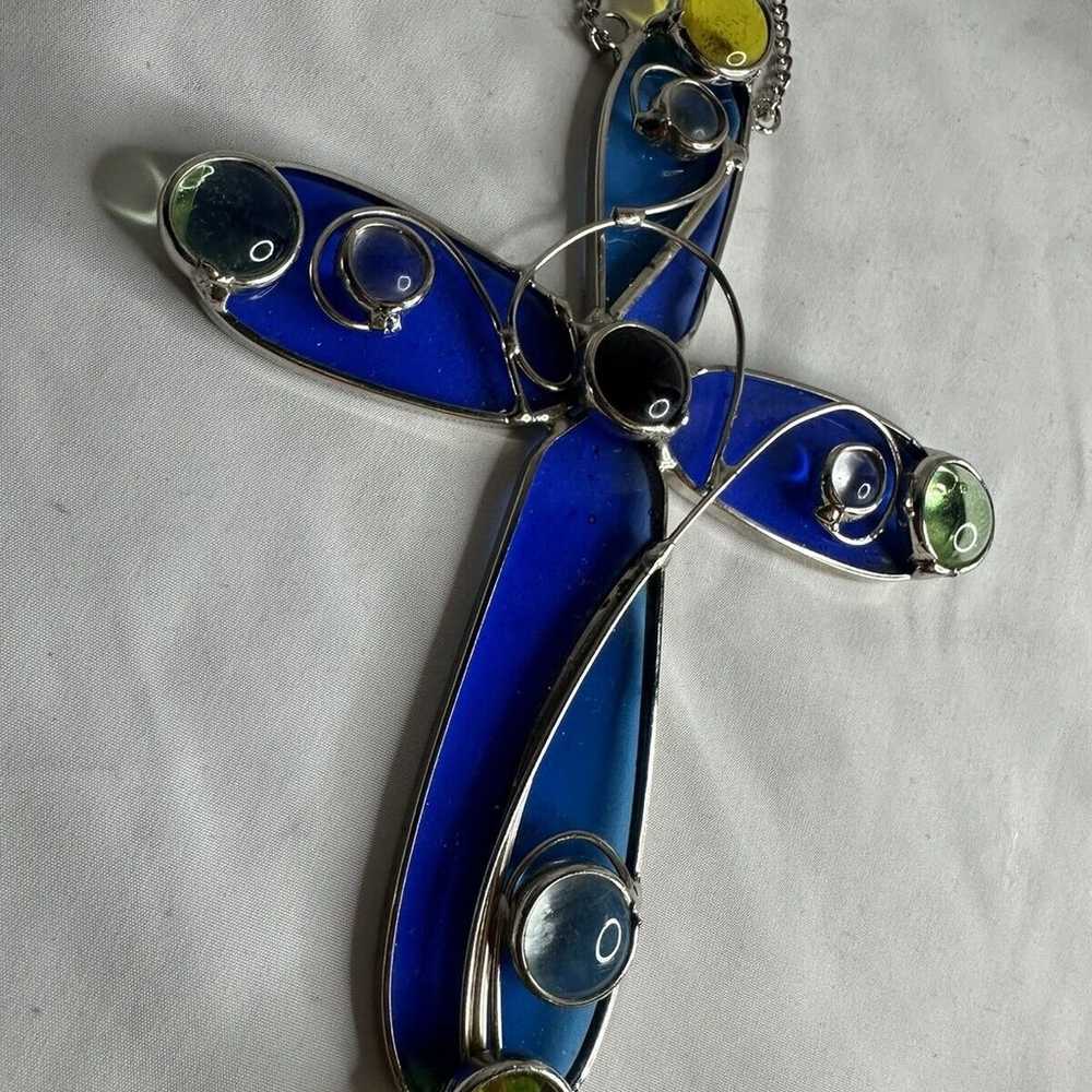 Vintage Stained Glass Cross Suncatcher Blue Glass… - image 7