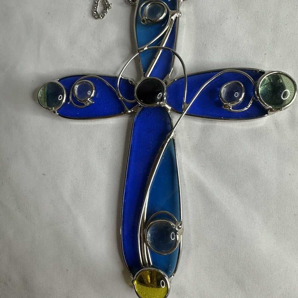 Vintage Stained Glass Cross Suncatcher Blue Glass… - image 8