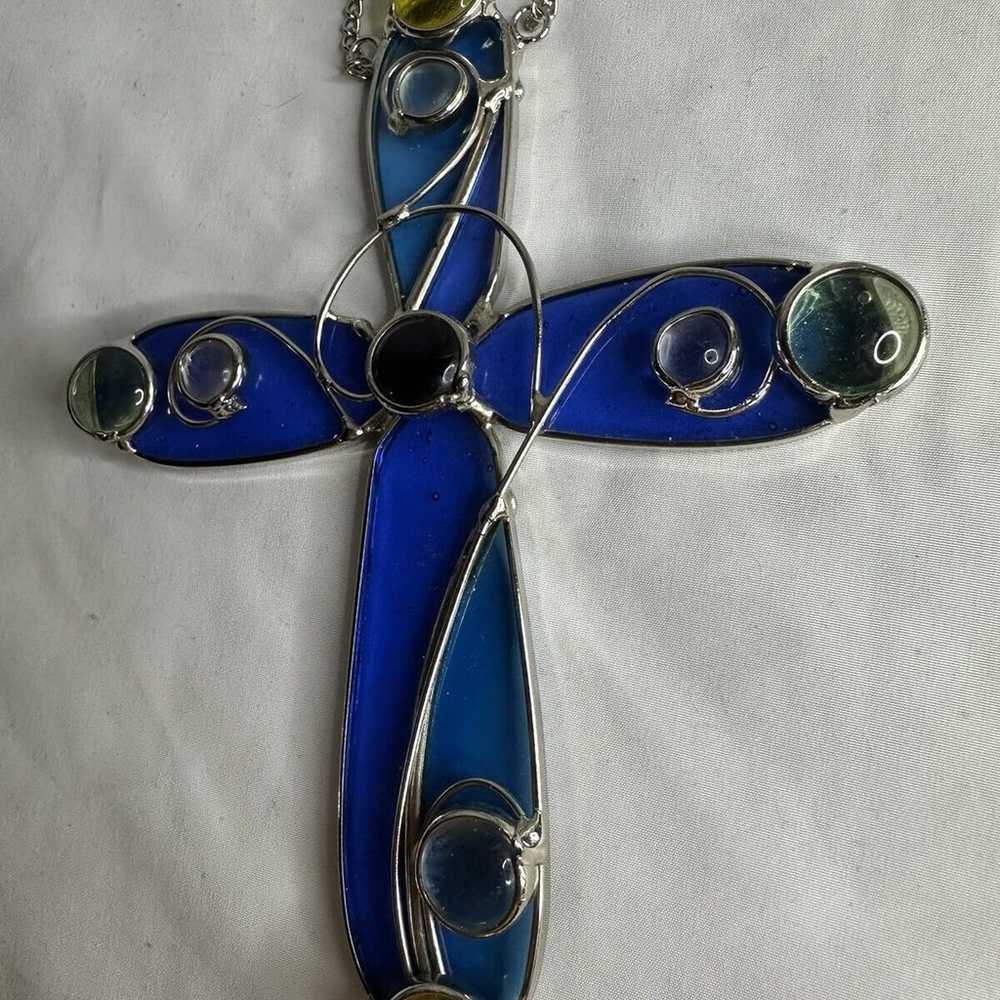 Vintage Stained Glass Cross Suncatcher Blue Glass… - image 9