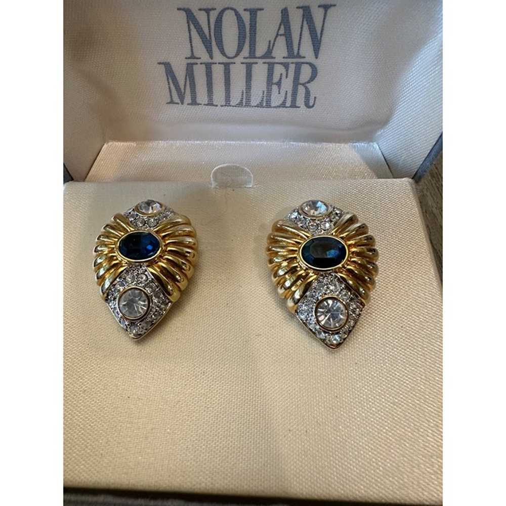 Vintage Nolan Miller Blue Venus Clip Earrings Gol… - image 2