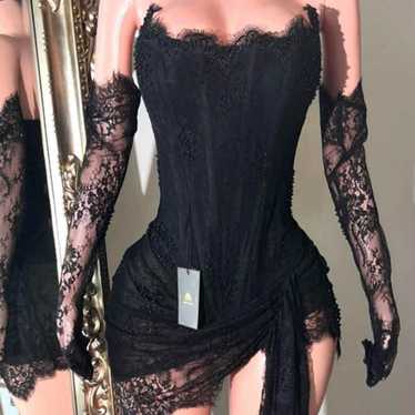 Black Lace Corset Mini Dress/lace gloves