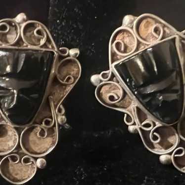 Vintage Sterling Silver Onyx Aztec Earrings