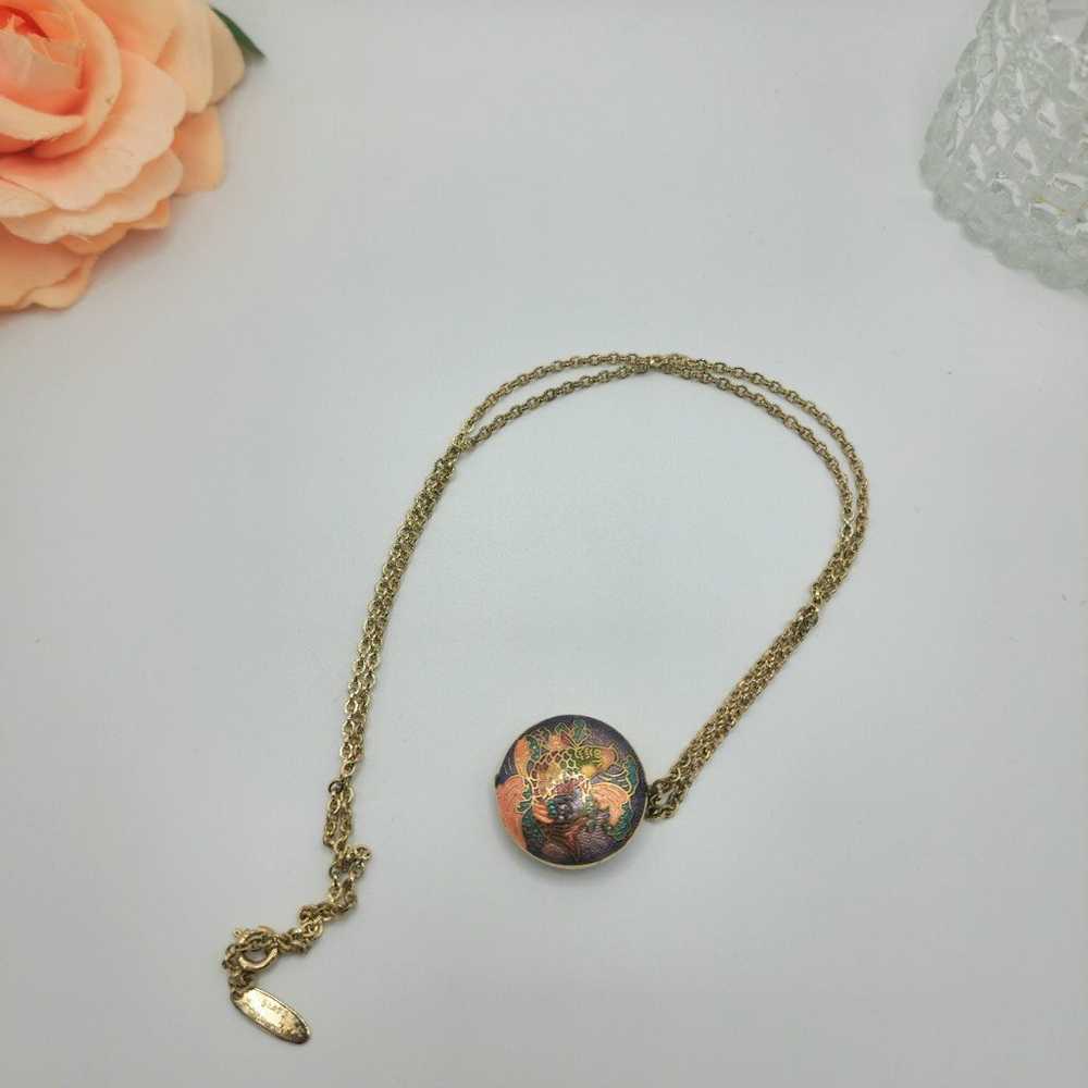 Vintage Signed gold chain circle Colisonne koi fi… - image 2