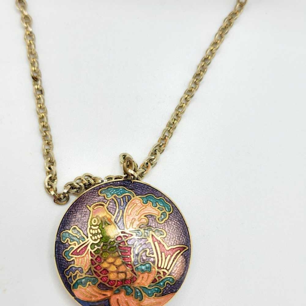 Vintage Signed gold chain circle Colisonne koi fi… - image 6