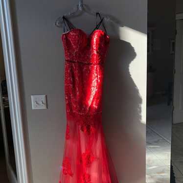 Red Lace Long Homecoming Prom Dress