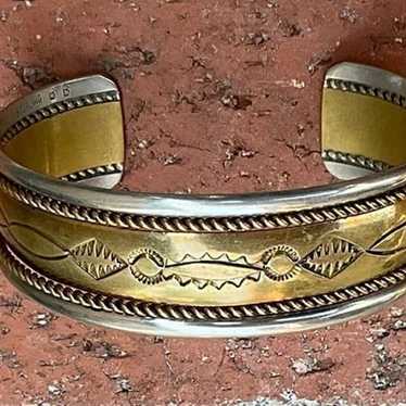 Vintage Southwest Sterling Bracelet Stamped Gold … - image 1