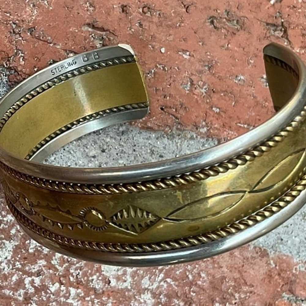 Vintage Southwest Sterling Bracelet Stamped Gold … - image 2