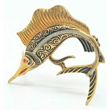 Vintage Spanish Pin Brooch Damascene Swordfish Gol