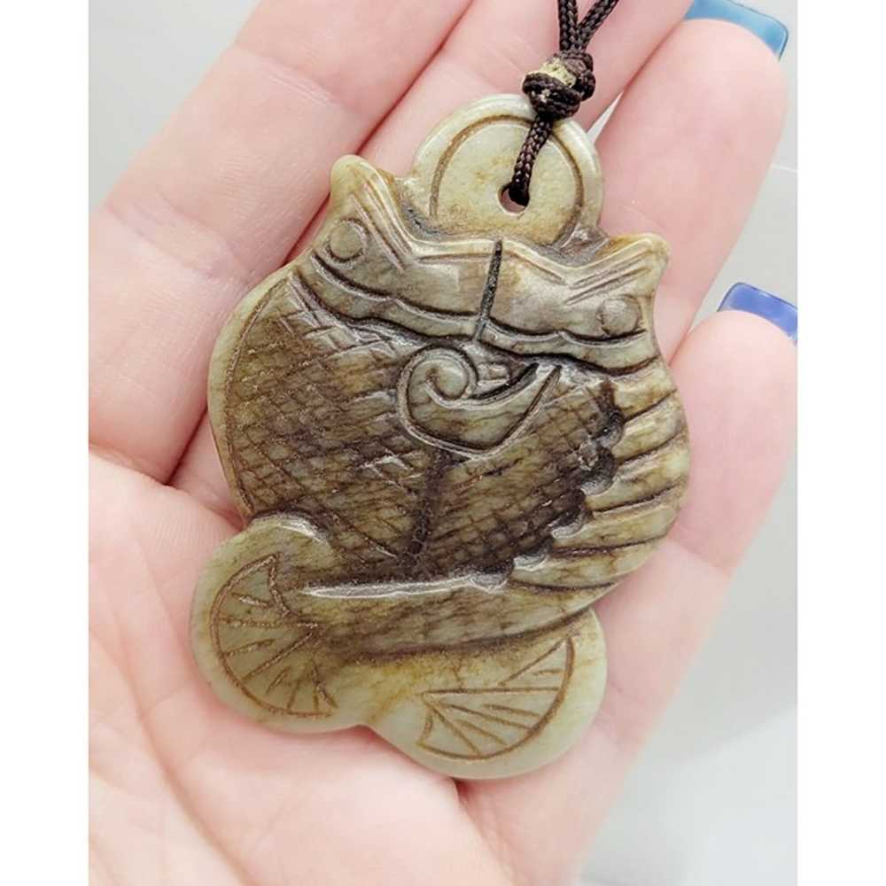 Vintage Brown Jade Carved Stone Glass 2 Koi Fish … - image 5