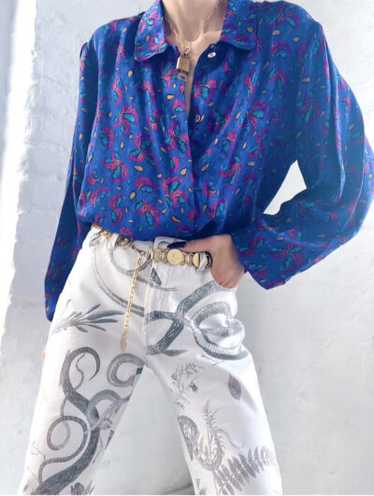 silk paisley balloon sleeve blouse