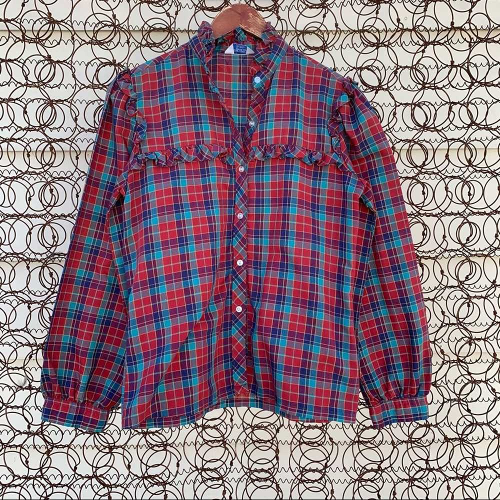 Sears Vintage 70s Sears red blue plaid ruffle blo… - image 1