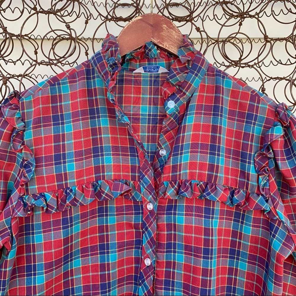 Sears Vintage 70s Sears red blue plaid ruffle blo… - image 5