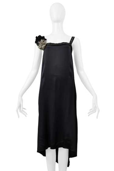 LANVIN BLACK SATIN DISCO DRESS WITH RHINESTONE STR