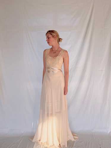 1930's Cream Silk Chiffon Gown With Embroidery