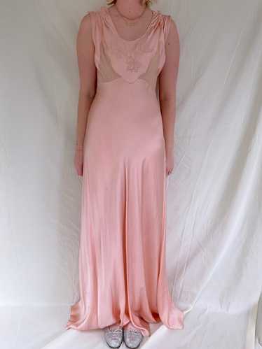 1930's Pink Silk Satin Slip with Bow Embroidery