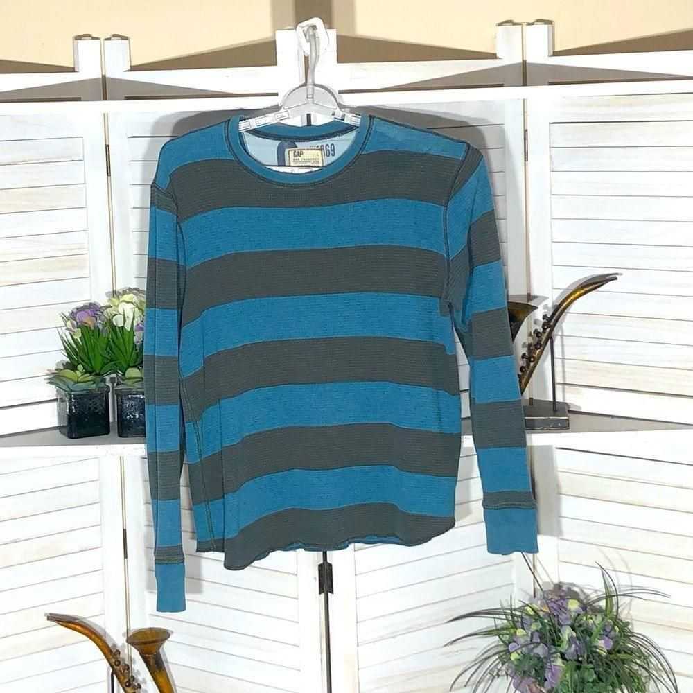 Gap Gap teal blue gray striped cotton long sleeve… - image 1