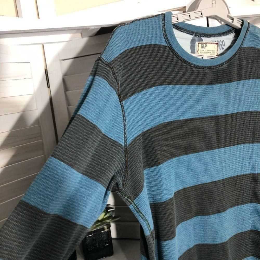 Gap Gap teal blue gray striped cotton long sleeve… - image 3