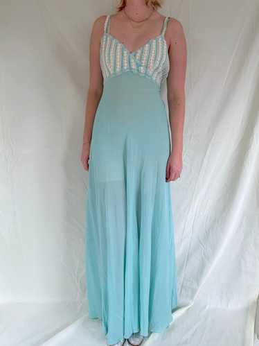 1930's Turquoise Silk Slip with White Lace